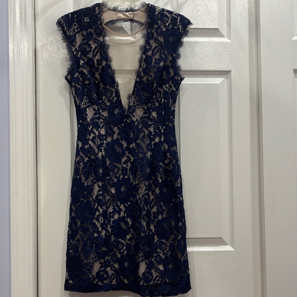 Aidan Mattox Navy Floral Lace Backless Dress
